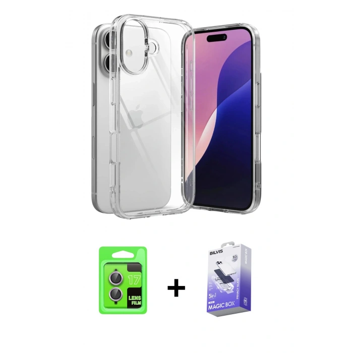 MARSİLYAN™- iPhone 17 Kılıf Zirve Doku - Siyah Bilvis 5in1 5D Magic Hayalet Cam Ekran Koruyucu + Raze Metal Kamera Lens - AKMR