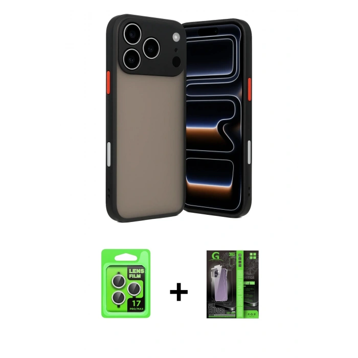 MARSİLYAN™- iPhone 17 Pro Kılıf Ahenk Çizgi Serisi - Siyah 360 Mat Full Body Arka Koruyucu + Gümüş Raze Metal Kamera Lens