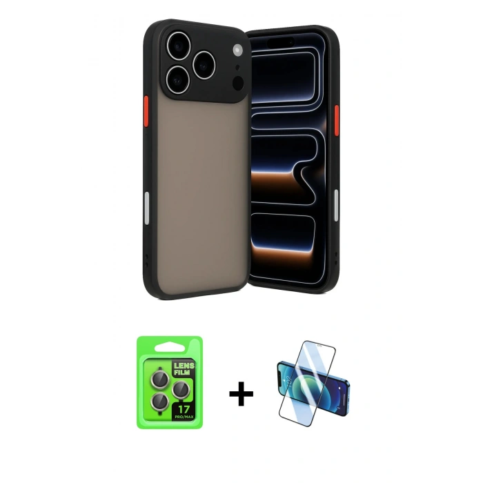 MARSİLYAN™- iPhone 17 Pro Kılıf Ahenk Çizgi Serisi - Siyah 3D Antistatik Cam Ekran Koruyucu + Raze Metal Kamera Lens - GI