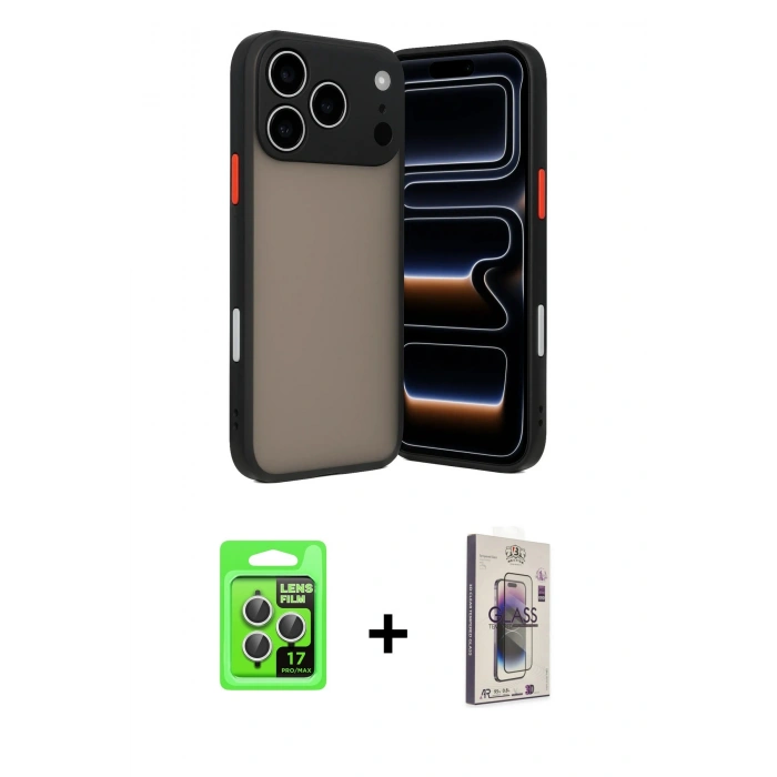 MARSİLYAN™- iPhone 17 Pro Kılıf Ahenk Çizgi Serisi - Siyah Bilvis 3D Cam Ekran Koruyucu + Raze Metal Kamera Lens - GS