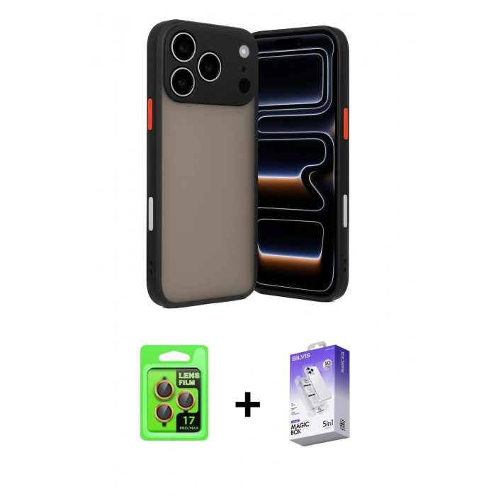 MARSİLYAN™- iPhone 17 Pro Kılıf Ahenk Çizgi Serisi - Siyah Bilvis 5in1 3D Magic Cam Ekran Koruyucu + Raze Metal Kamera Lens - TU