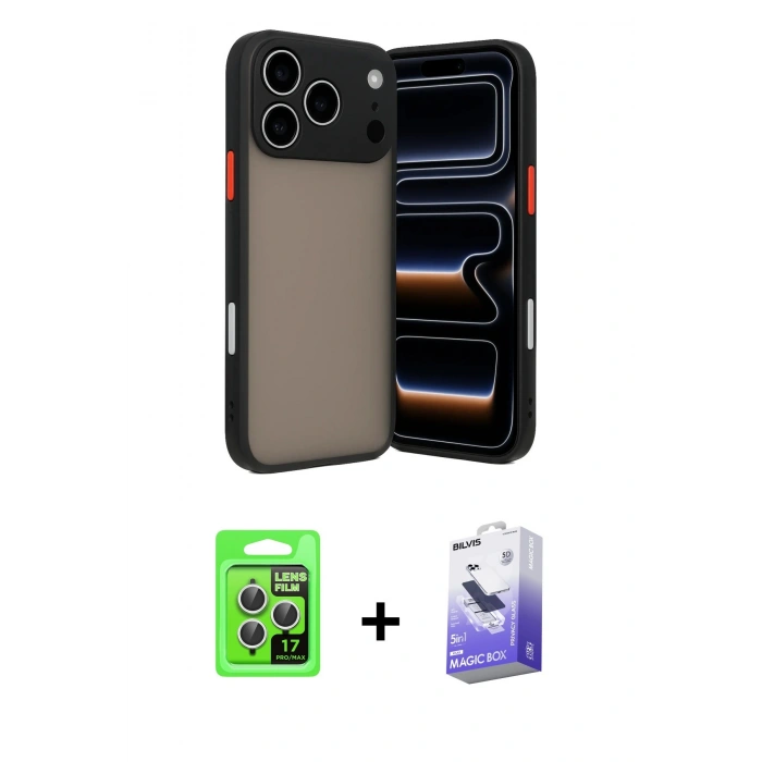 MARSİLYAN™- iPhone 17 Pro Kılıf Ahenk Çizgi Serisi - Siyah Bilvis 5in1 5D Magic Hayalet Cam Ekran Koruyucu + Raze Metal Kamera Lens - GS