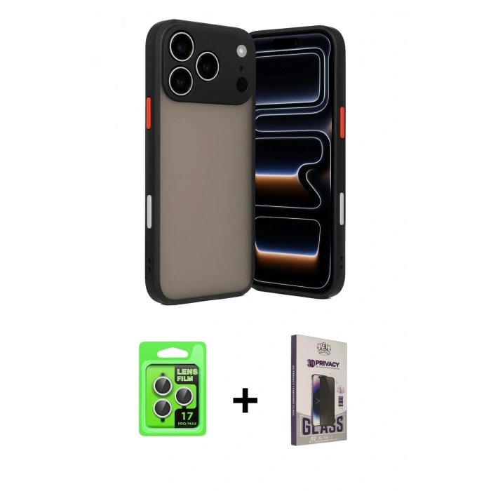 MARSİLYAN™- iPhone 17 Pro Kılıf Ahenk Çizgi Serisi - Siyah Bilvis Hayalet Cam Ekran Koruyucu + Raze Metal Kamera Lens - GS