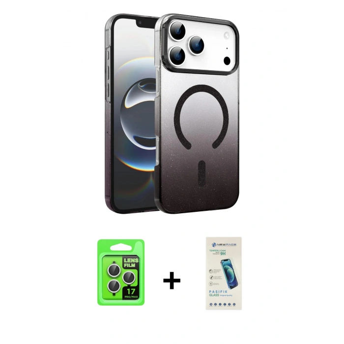 MARSİLYAN™- iPhone 17 Pro Kılıf Ahenk Doku Özel Seri - Şeffaf Pasifik Cam Ekran Koruyucu + Gümüş Raze Metal Kamera Lens