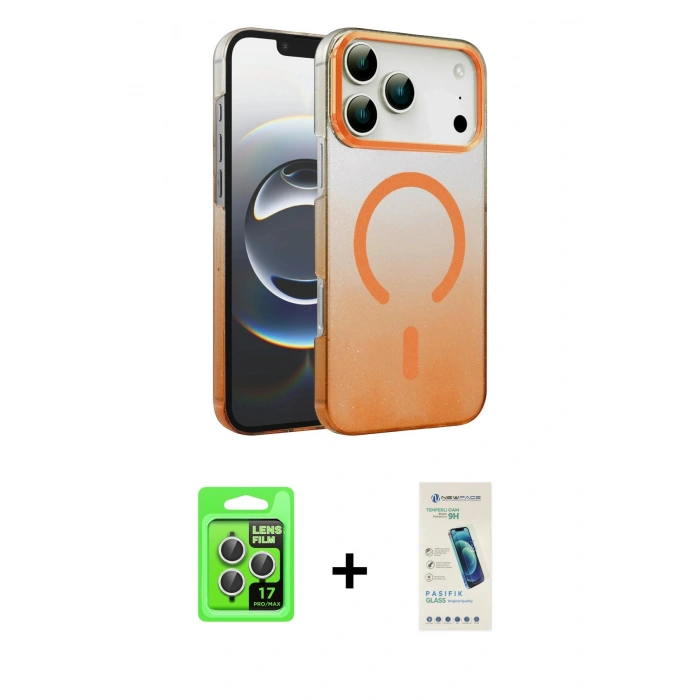 MARSİLYAN™- iPhone 17 Pro Kılıf Ahenk Doku Özel Seri - Şeffaf Pasifik Cam Ekran Koruyucu + Gümüş Raze Metal Kamera Lens