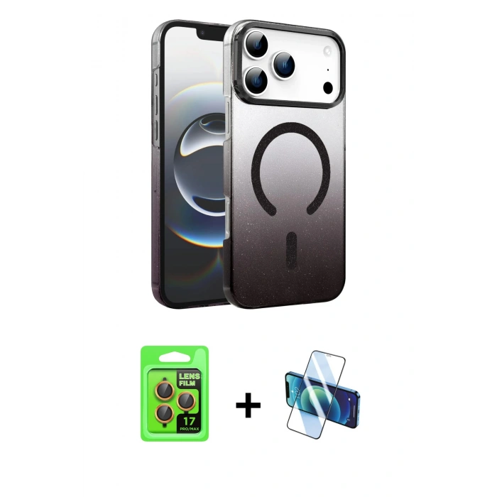 MARSİLYAN™- iPhone 17 Pro Kılıf Ahenk Doku Özel Seri - Siyah 3D Antistatik Cam Ekran Koruyucu + Raze Metal Kamera Lens - TU