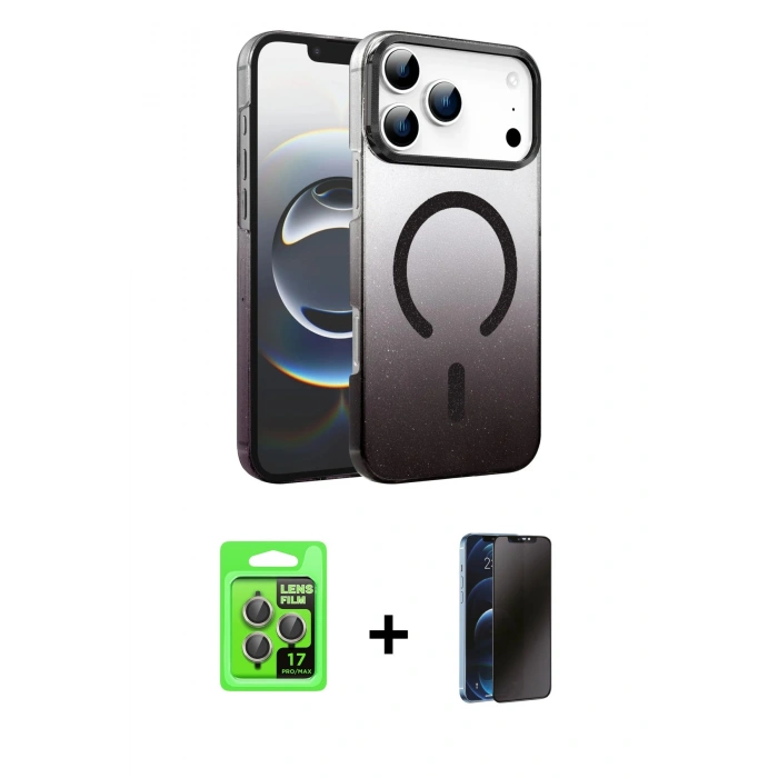 MARSİLYAN™- iPhone 17 Pro Kılıf Ahenk Doku Özel Seri - Siyah 3D Antistatik Hayalet Cam Ekran Koruyucu + Raze Metal Kamera Lens - GI