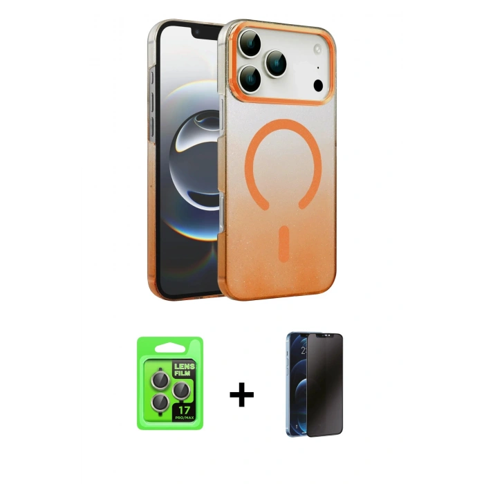 MARSİLYAN™- iPhone 17 Pro Kılıf Ahenk Doku Özel Seri - Siyah 3D Antistatik Hayalet Cam Ekran Koruyucu + Raze Metal Kamera Lens - GI