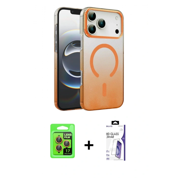 MARSİLYAN™- iPhone 17 Pro Kılıf Ahenk Doku Özel Seri - Siyah Bilvis 3X AR HD Cam Ekran Koruyucu + Raze Metal Kamera Lens - TU