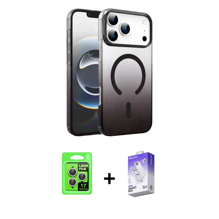MARSİLYAN™- iPhone 17 Pro Kılıf Ahenk Doku Özel Seri - Siyah Bilvis 5in1 3D Magic Cam Ekran Koruyucu + Raze Metal Kamera Lens - GS