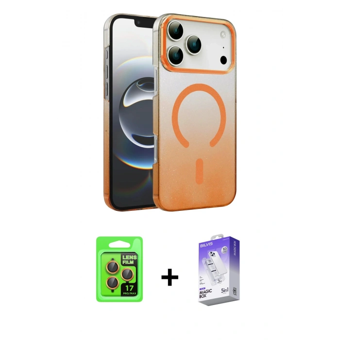 MARSİLYAN™- iPhone 17 Pro Kılıf Ahenk Doku Özel Seri - Siyah Bilvis 5in1 3D Magic Cam Ekran Koruyucu + Turuncu Raze Metal Kamera Lens