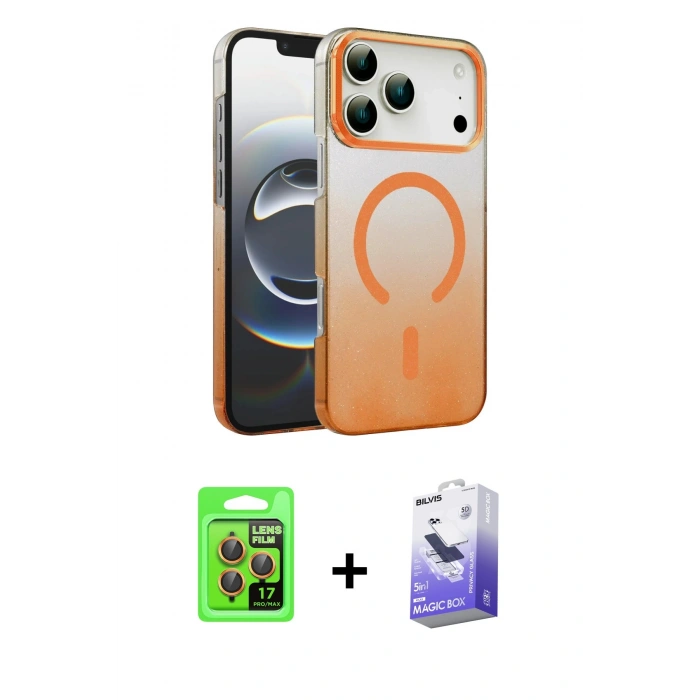 MARSİLYAN™- iPhone 17 Pro Kılıf Ahenk Doku Özel Seri - Siyah Bilvis 5in1 5D Magic Hayalet Cam Ekran Koruyucu + Turuncu Raze Metal Kamera Lens