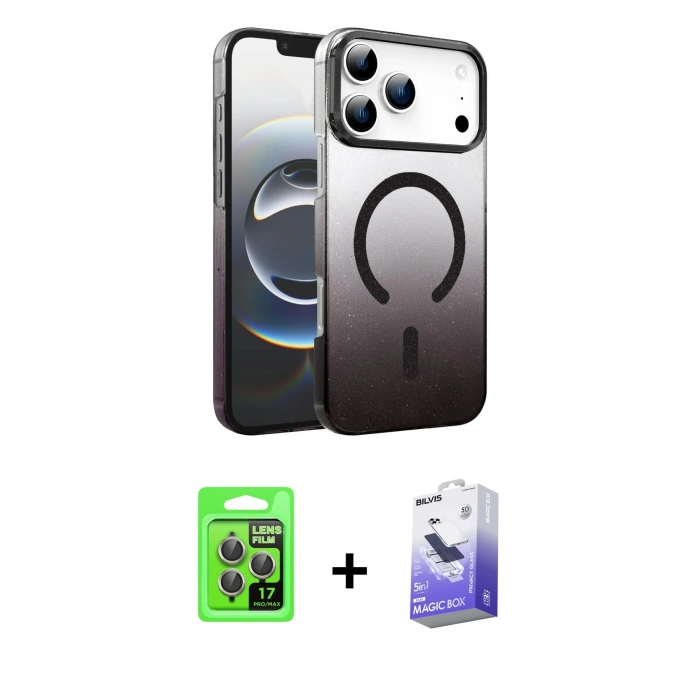 MARSİLYAN™- iPhone 17 Pro Kılıf Ahenk Doku Özel Seri - Siyah Bilvis 5in1 5D Magic Hayalet Cam Ekran Koruyucu + Raze Metal Kamera Lens - GI