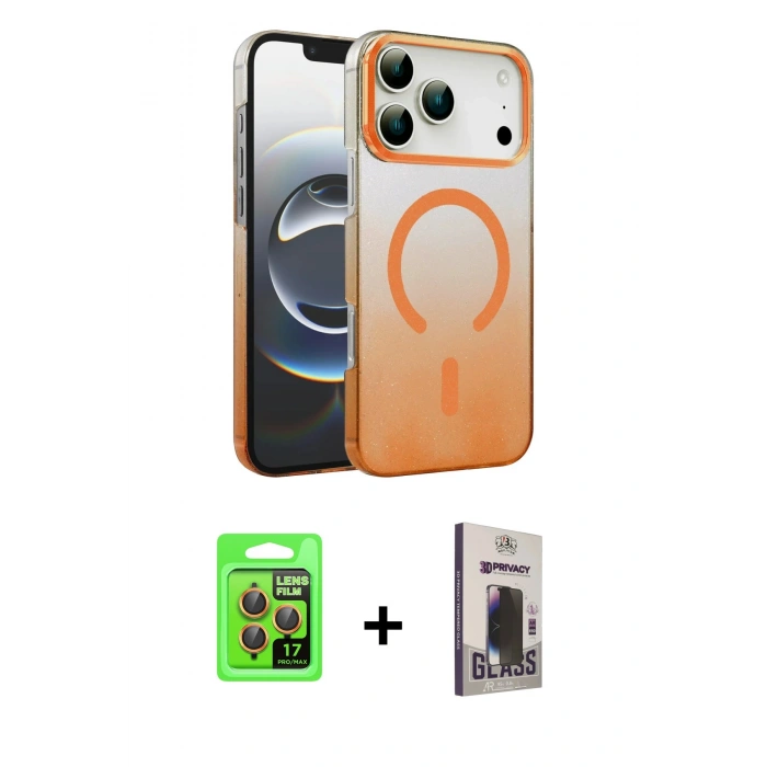 MARSİLYAN™- iPhone 17 Pro Kılıf Ahenk Doku Özel Seri - Siyah Bilvis Hayalet Cam Ekran Koruyucu + Raze Metal Kamera Lens - TU