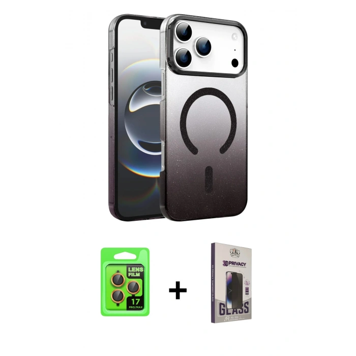 MARSİLYAN™- iPhone 17 Pro Kılıf Ahenk Doku Özel Seri - Siyah Bilvis Hayalet Cam Ekran Koruyucu + Raze Metal Kamera Lens - TU