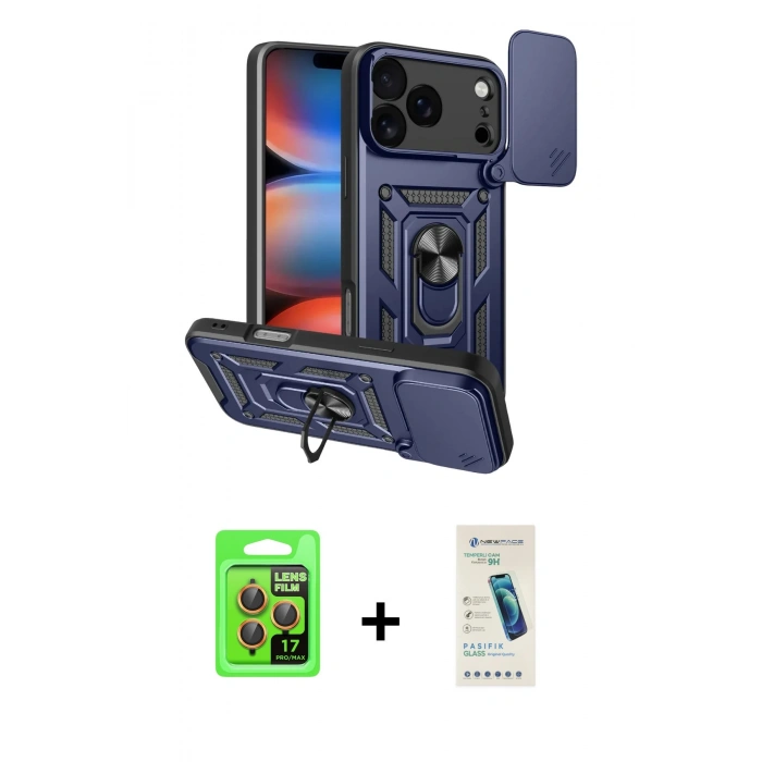 MARSİLYAN™- iPhone 17 Pro Kılıf Ahenk Klasik - Şeffaf Pasifik Cam Ekran Koruyucu + Raze Metal Kamera Lens - TU