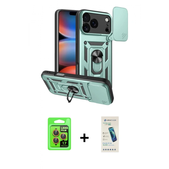MARSİLYAN™- iPhone 17 Pro Kılıf Ahenk Klasik - Şeffaf Pasifik Cam Ekran Koruyucu + Raze Metal Kamera Lens - TU