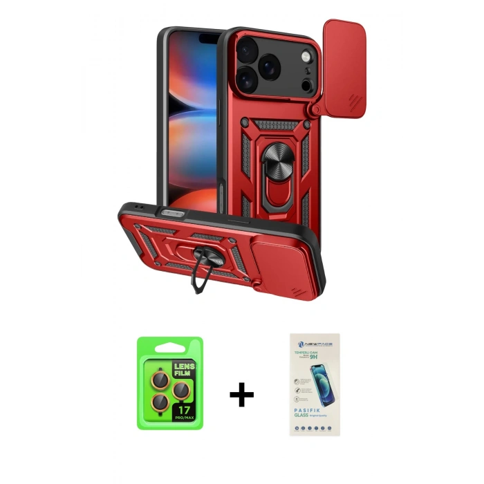MARSİLYAN™- iPhone 17 Pro Kılıf Ahenk Klasik - Şeffaf Pasifik Cam Ekran Koruyucu + Raze Metal Kamera Lens - TU