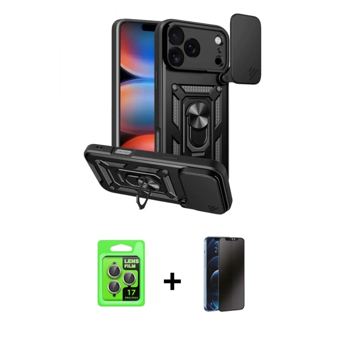 MARSİLYAN™- iPhone 17 Pro Kılıf Ahenk Klasik - Siyah 3D Antistatik Hayalet Cam Ekran Koruyucu + Raze Metal Kamera Lens - GI