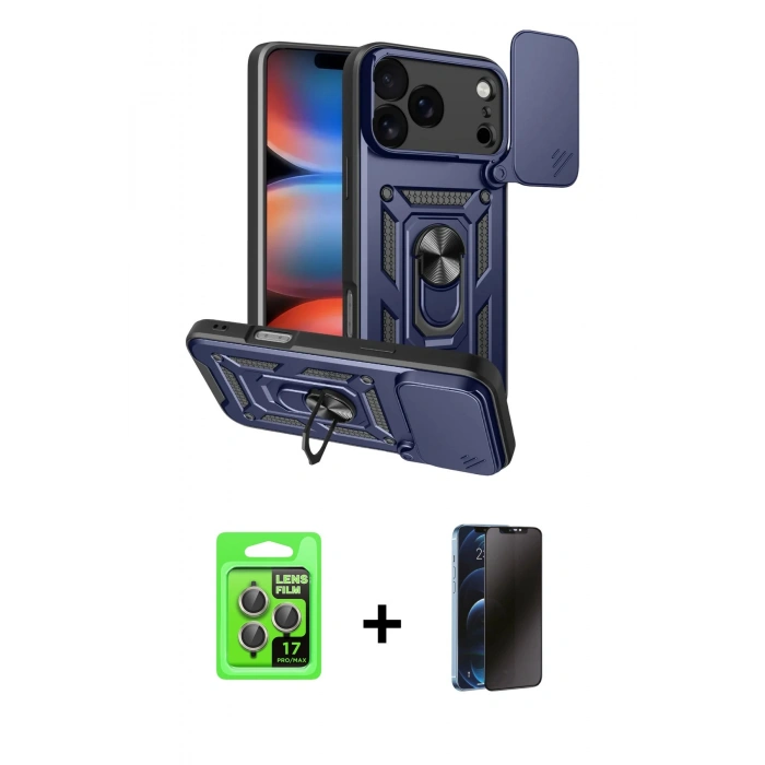 MARSİLYAN™- iPhone 17 Pro Kılıf Ahenk Klasik - Siyah 3D Antistatik Hayalet Cam Ekran Koruyucu + Raze Metal Kamera Lens - GI
