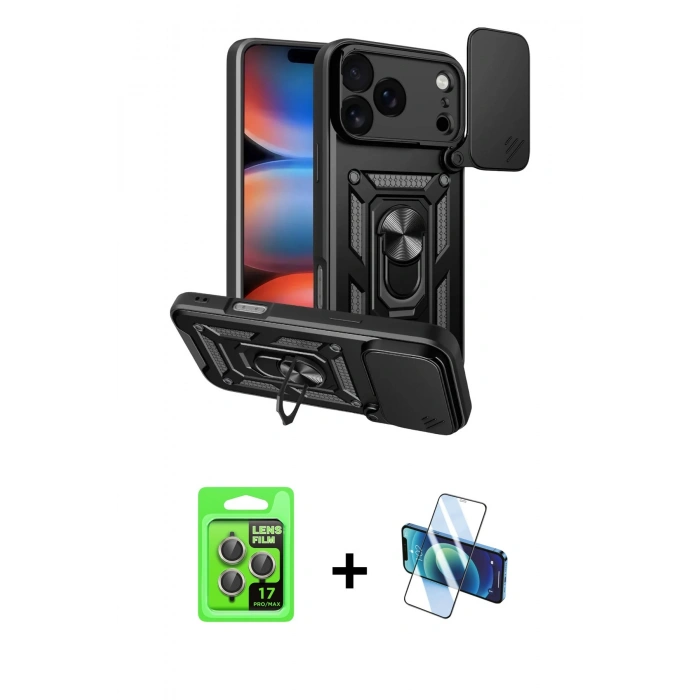 MARSİLYAN™- iPhone 17 Pro Kılıf Ahenk Klasik - Siyah 3D Antistatik Seramik Nano Ekran Koruyucu + Raze Metal Kamera Lens - GI