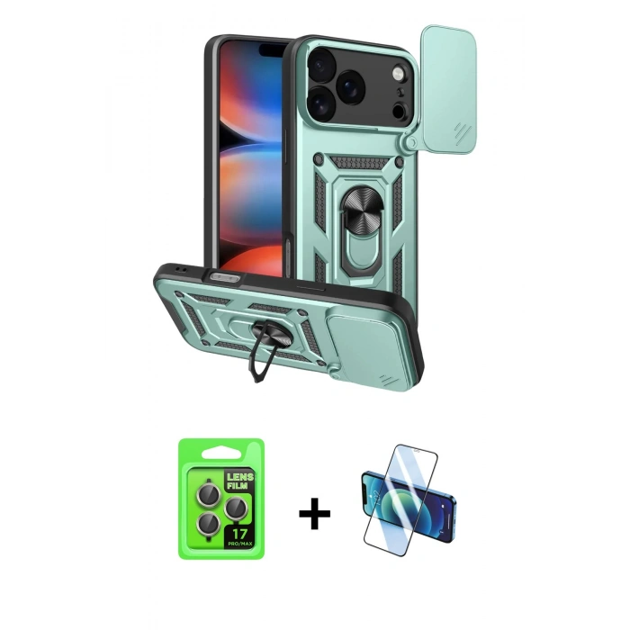 MARSİLYAN™- iPhone 17 Pro Kılıf Ahenk Klasik - Siyah 3D Antistatik Seramik Nano Ekran Koruyucu + Raze Metal Kamera Lens - GI