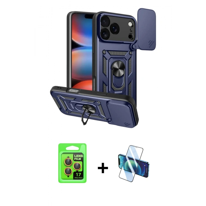 MARSİLYAN™- iPhone 17 Pro Kılıf Ahenk Klasik - Siyah 3D Antistatik Seramik Nano Ekran Koruyucu + Raze Metal Kamera Lens - TU