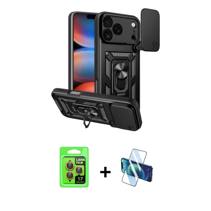 MARSİLYAN™- iPhone 17 Pro Kılıf Ahenk Klasik - Siyah 3D Antistatik Seramik Nano Ekran Koruyucu + Raze Metal Kamera Lens - TU