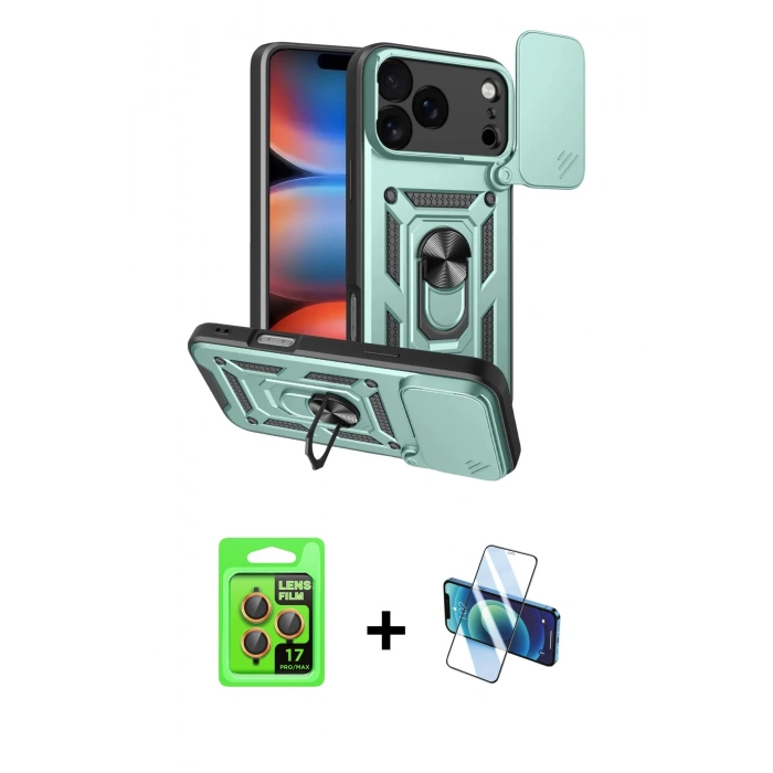 MARSİLYAN™- iPhone 17 Pro Kılıf Ahenk Klasik - Siyah 3D Antistatik Seramik Nano Ekran Koruyucu + Raze Metal Kamera Lens - TU