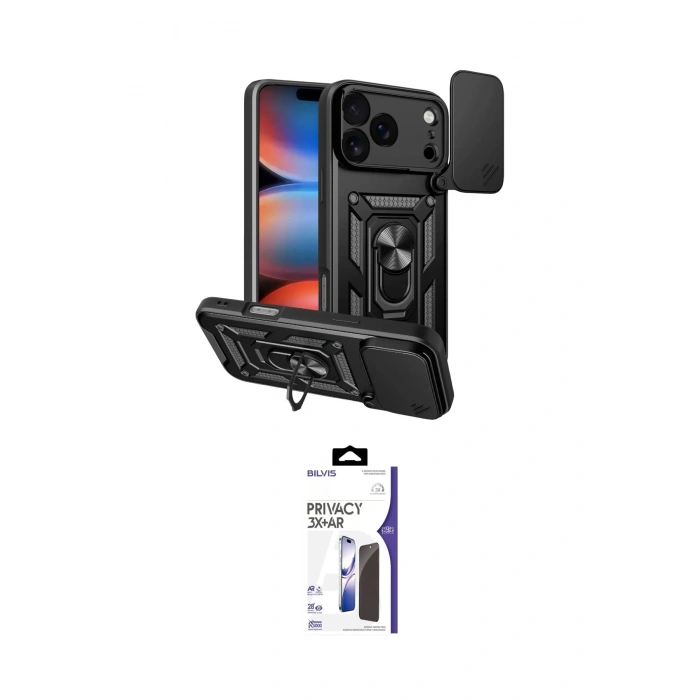 MARSİLYAN™- iPhone 17 Pro Kılıf Ahenk Klasik - Siyah Bilvis 3X AR Hayalet Cam Ekran Koruyucu