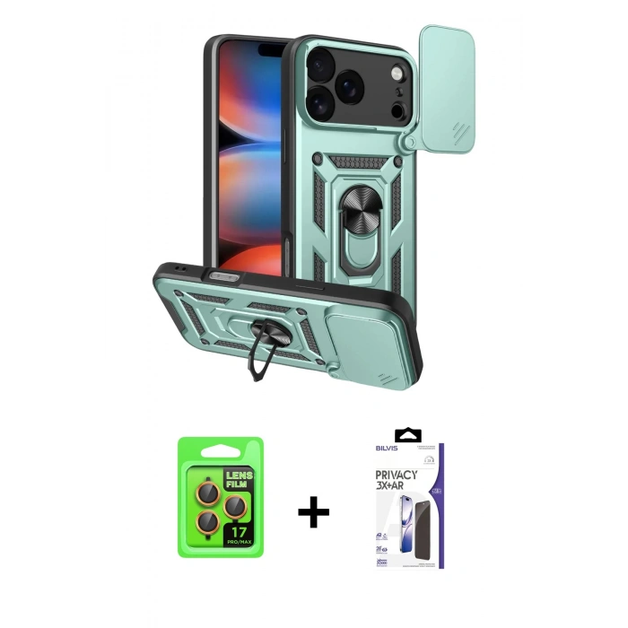 MARSİLYAN™- iPhone 17 Pro Kılıf Ahenk Klasik - Siyah Bilvis 3X AR Hayalet Cam Ekran Koruyucu + Raze Metal Kamera Lens - TU