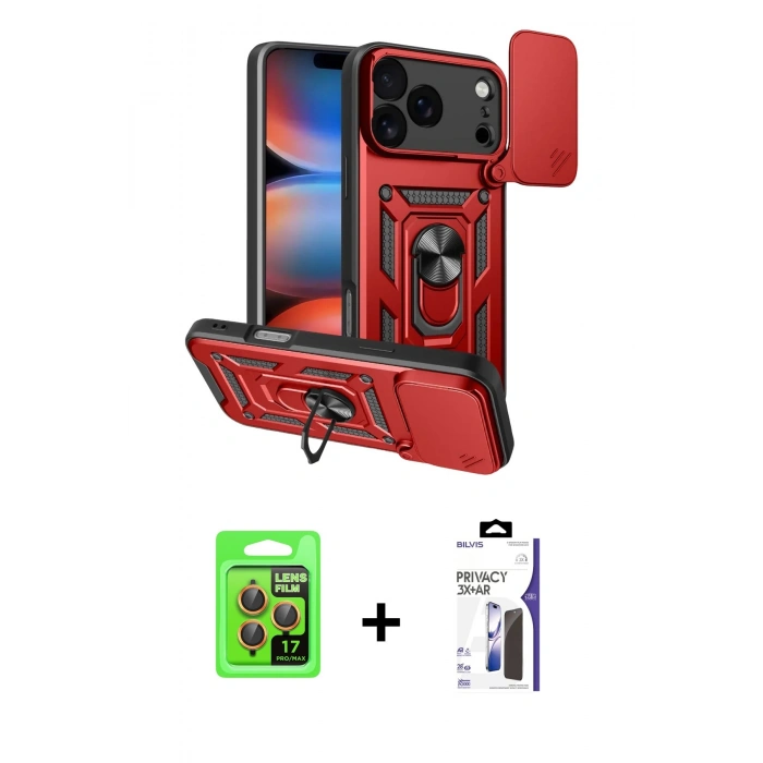 MARSİLYAN™- iPhone 17 Pro Kılıf Ahenk Klasik - Siyah Bilvis 3X AR Hayalet Cam Ekran Koruyucu + Raze Metal Kamera Lens - TU