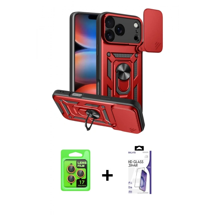 MARSİLYAN™- iPhone 17 Pro Kılıf Ahenk Klasik - Siyah Bilvis 3X AR HD Cam Ekran Koruyucu + Raze Metal Kamera Lens - TU