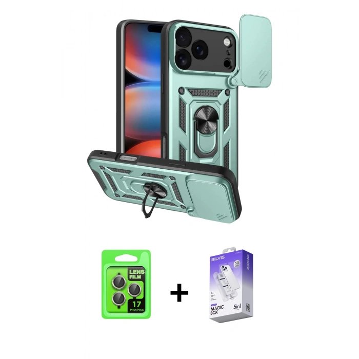 MARSİLYAN™- iPhone 17 Pro Kılıf Ahenk Klasik - Siyah Bilvis 5in1 3D Magic Cam Ekran Koruyucu + Raze Metal Kamera Lens - GI