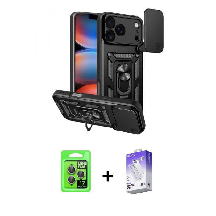 MARSİLYAN™- iPhone 17 Pro Kılıf Ahenk Klasik - Siyah Bilvis 5in1 3D Magic Cam Ekran Koruyucu + Raze Metal Kamera Lens - GI