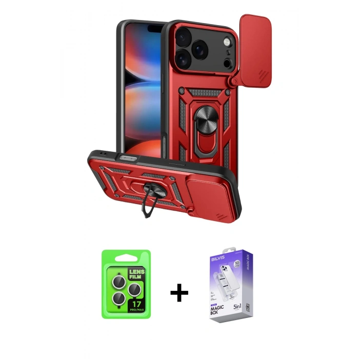 MARSİLYAN™- iPhone 17 Pro Kılıf Ahenk Klasik - Siyah Bilvis 5in1 3D Magic Cam Ekran Koruyucu + Raze Metal Kamera Lens - GS