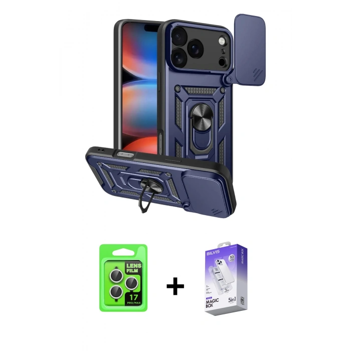 MARSİLYAN™- iPhone 17 Pro Kılıf Ahenk Klasik - Siyah Bilvis 5in1 3D Magic Cam Ekran Koruyucu + Raze Metal Kamera Lens - GS