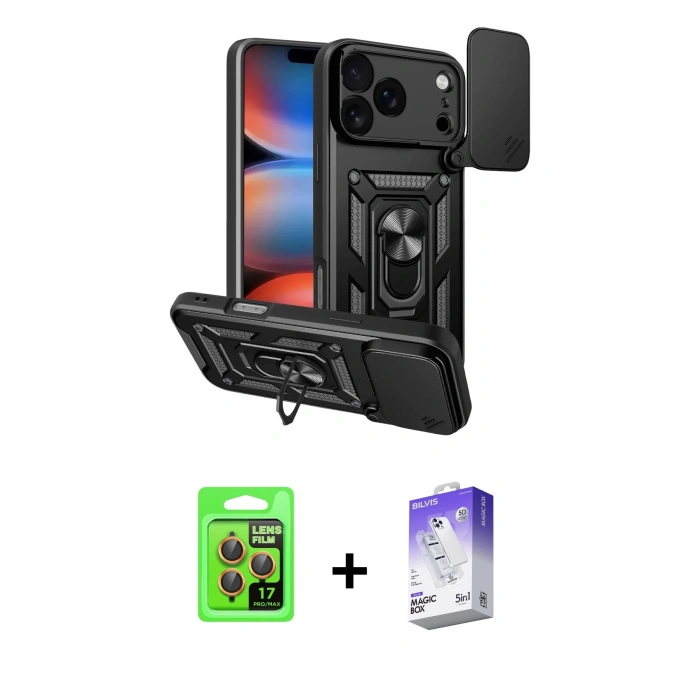 MARSİLYAN™- iPhone 17 Pro Kılıf Ahenk Klasik - Siyah Bilvis 5in1 3D Magic Cam Ekran Koruyucu + Raze Metal Kamera Lens - TU