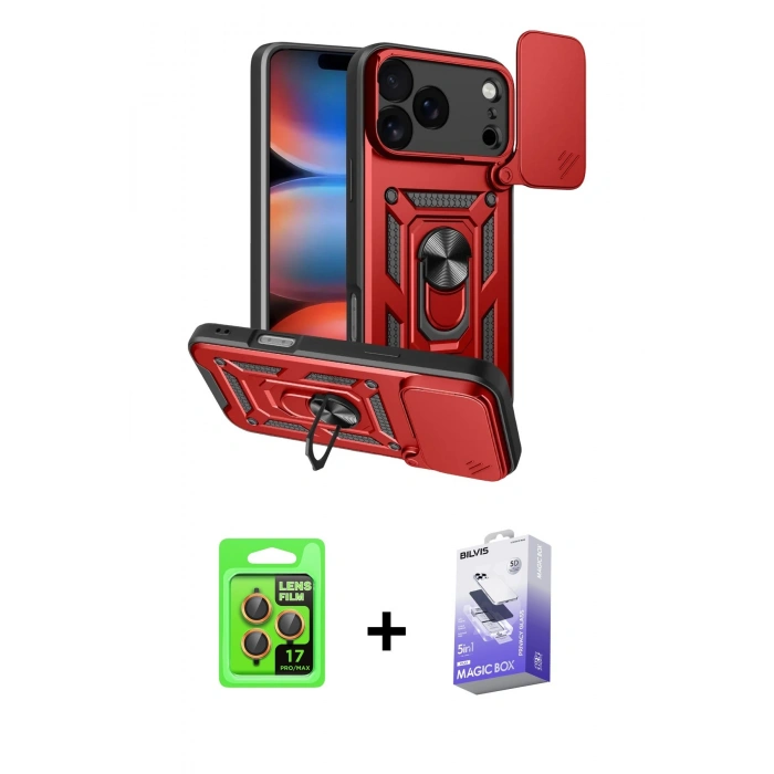 MARSİLYAN™- iPhone 17 Pro Kılıf Ahenk Klasik - Siyah Bilvis 5in1 5D Magic Hayalet Cam Ekran Koruyucu + Raze Metal Kamera Lens - TU