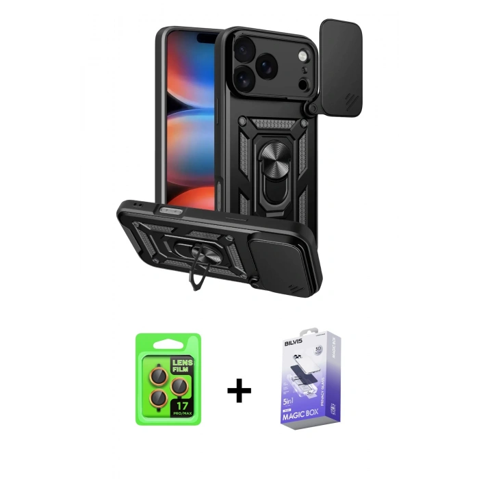 MARSİLYAN™- iPhone 17 Pro Kılıf Ahenk Klasik - Siyah Bilvis 5in1 5D Magic Hayalet Cam Ekran Koruyucu + Raze Metal Kamera Lens - TU