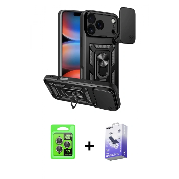 MARSİLYAN™- iPhone 17 Pro Kılıf Ahenk Klasik - Siyah Bilvis 5in1 5D Magic Hayalet Cam Ekran Koruyucu + Raze Metal Kamera Lens - GI