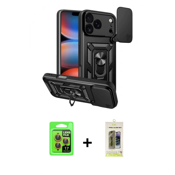 MARSİLYAN™- iPhone 17 Pro Kılıf Ahenk Klasik - Siyah Joko Magic 5D Hayalet Cam + Raze Metal Kamera Lens - TU