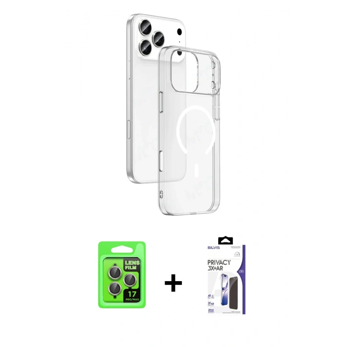 MARSİLYAN™- iPhone 17 Pro Kılıf Ahenk Minimal Serisi - Siyah Bilvis 3X AR Hayalet Cam Ekran Koruyucu + Raze Metal Kamera Lens - GI