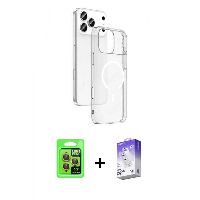 MARSİLYAN™- iPhone 17 Pro Kılıf Ahenk Minimal Serisi - Siyah Bilvis 5in1 3D Magic Cam Ekran Koruyucu + Raze Metal Kamera Lens - TU