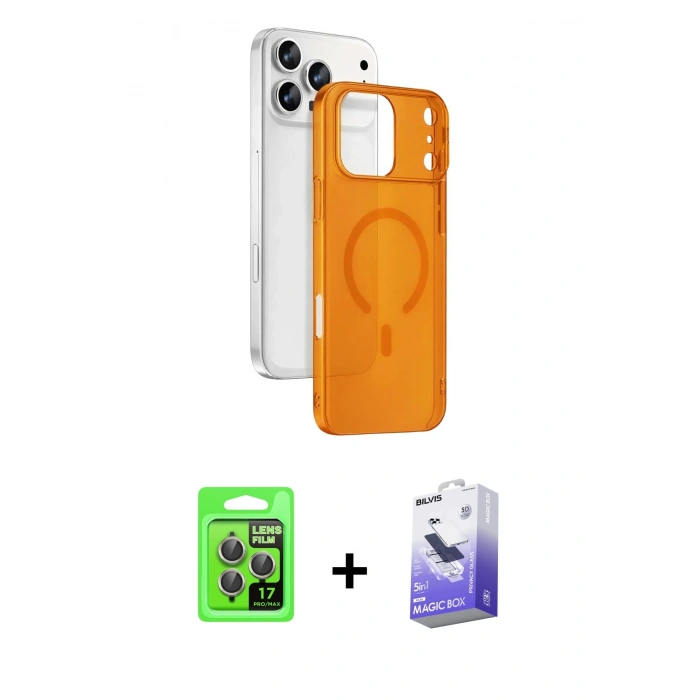 MARSİLYAN™- iPhone 17 Pro Kılıf Ahenk Minimal Serisi - Siyah Bilvis 5in1 5D Magic Hayalet Cam Ekran Koruyucu + Raze Metal Kamera Lens - GI