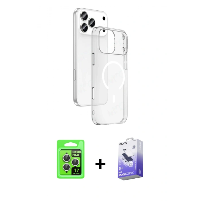 MARSİLYAN™- iPhone 17 Pro Kılıf Ahenk Minimal Serisi - Siyah Bilvis 5in1 5D Magic Hayalet Cam Ekran Koruyucu + Raze Metal Kamera Lens - GS