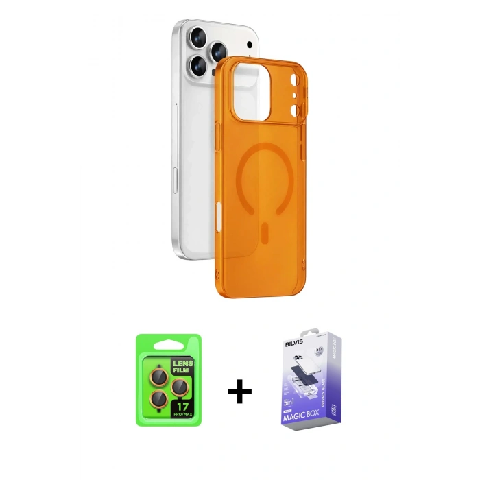 MARSİLYAN™- iPhone 17 Pro Kılıf Ahenk Minimal Serisi - Siyah Bilvis 5in1 5D Magic Hayalet Cam Ekran Koruyucu + Raze Metal Kamera Lens - TU