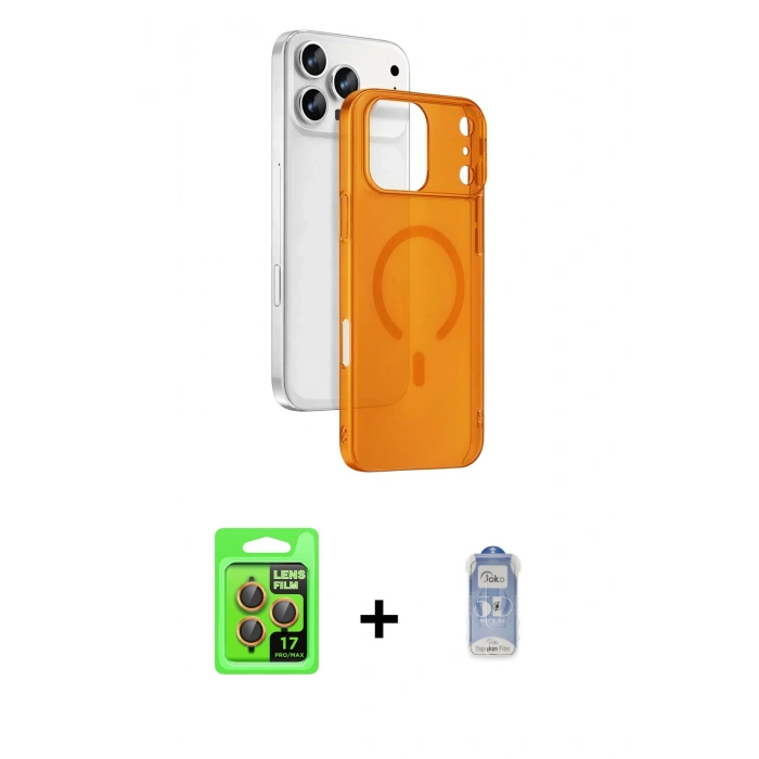 MARSİLYAN™- iPhone 17 Pro Kılıf Ahenk Minimal Serisi - Siyah Joko Magic 5D Cam + Turuncu Raze Metal Kamera Lens