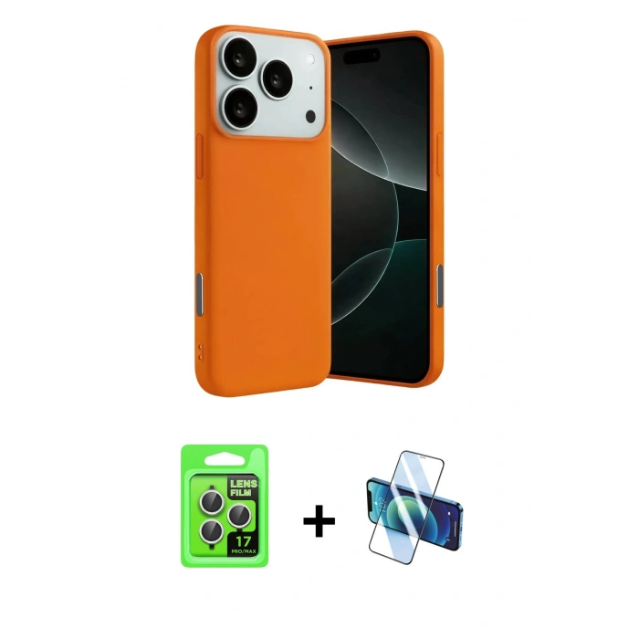 MARSİLYAN™- iPhone 17 Pro Kılıf Ahenk Serisi - Siyah 3D Antistatik Cam Ekran Koruyucu + Raze Metal Kamera Lens - GS