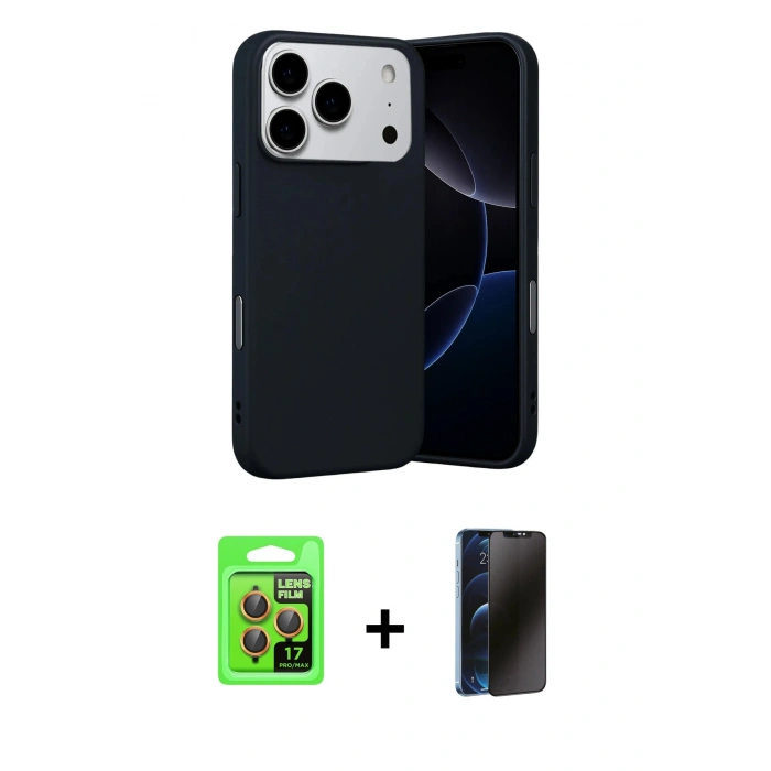 MARSİLYAN™- iPhone 17 Pro Kılıf Ahenk Serisi - Siyah 3D Antistatik Hayalet Cam Ekran Koruyucu + Raze Metal Kamera Lens - TU